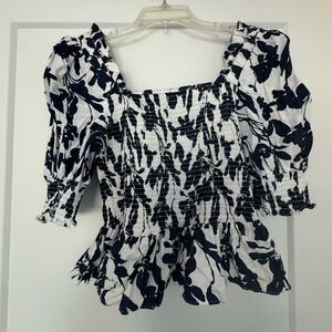 Navy and White puff sleeve peplum top